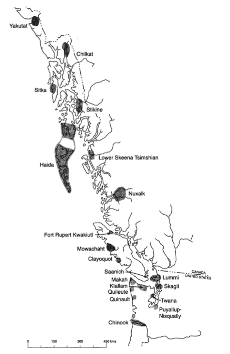 A map showing some of the Northwest Coast slave-owning indigenous groups